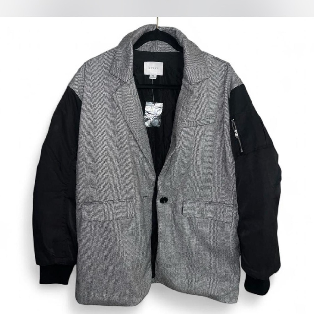 🖤NWT HYFVE Black mixed-media Herringbone Blazer bomber jacket, Oversized, medium